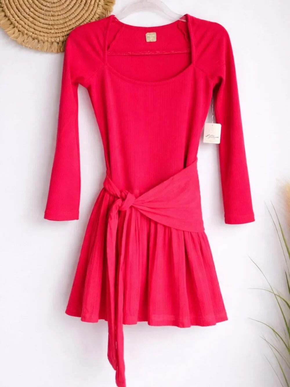 Free People NEW Free-est Coral Lexi Drop Tie Waist Mini Dress SZ Medium Coquette